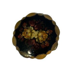Palekh Russion Lacquer Pin Brooch Wood with Hand Painted Red and Orange Flowers